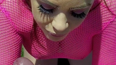 Big tit brunette sucks a big cock POV