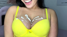 Hot brunette big boobs toying pink pussy