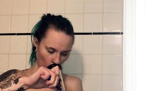 Small tit brunette amateur tugs on a big willie