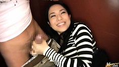 Sora Aoi loves to suck her boyfriend's bulging cock in public